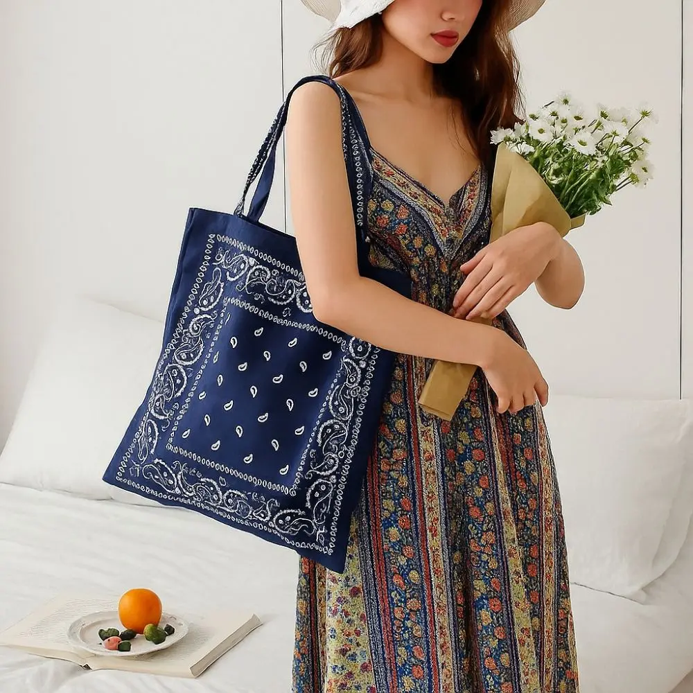 

Printed Cashew Flower Canvas Bag Large Capacity Retro Ethnic Style Shoulder Bag Shopping Bag Lightweight Canvas Tote Bag Travel