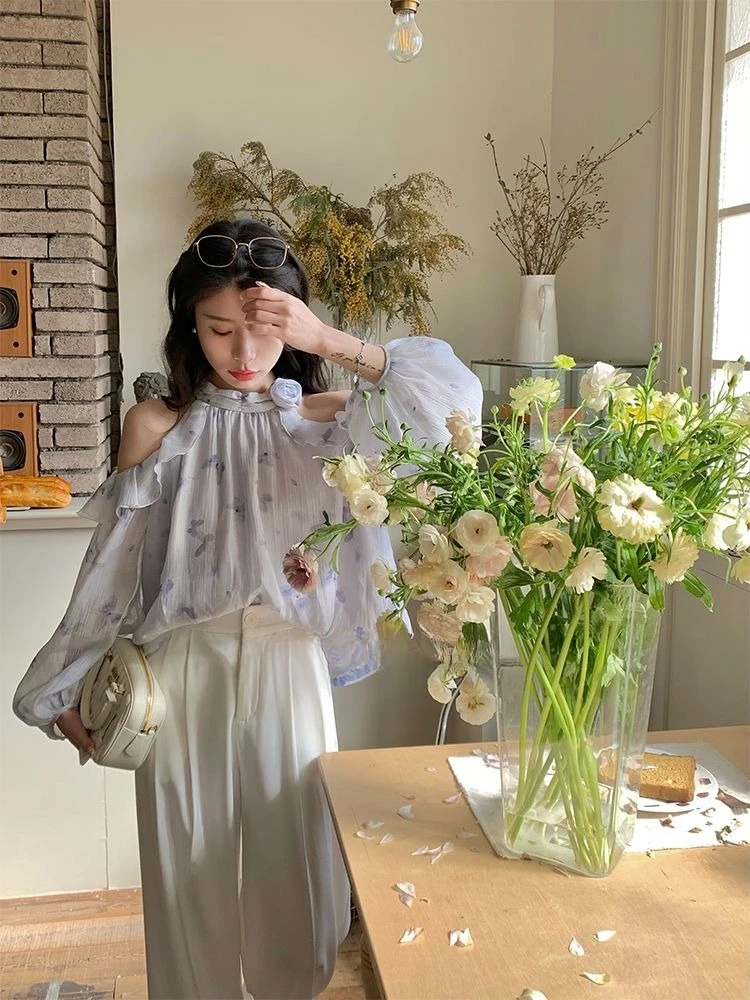 Women's 2026 Summer French 3D Flower Chiffon Long Sleeve Blouse Off Shoulder Ruffle Halter UV Protection Loose Elegant Chic Top 3