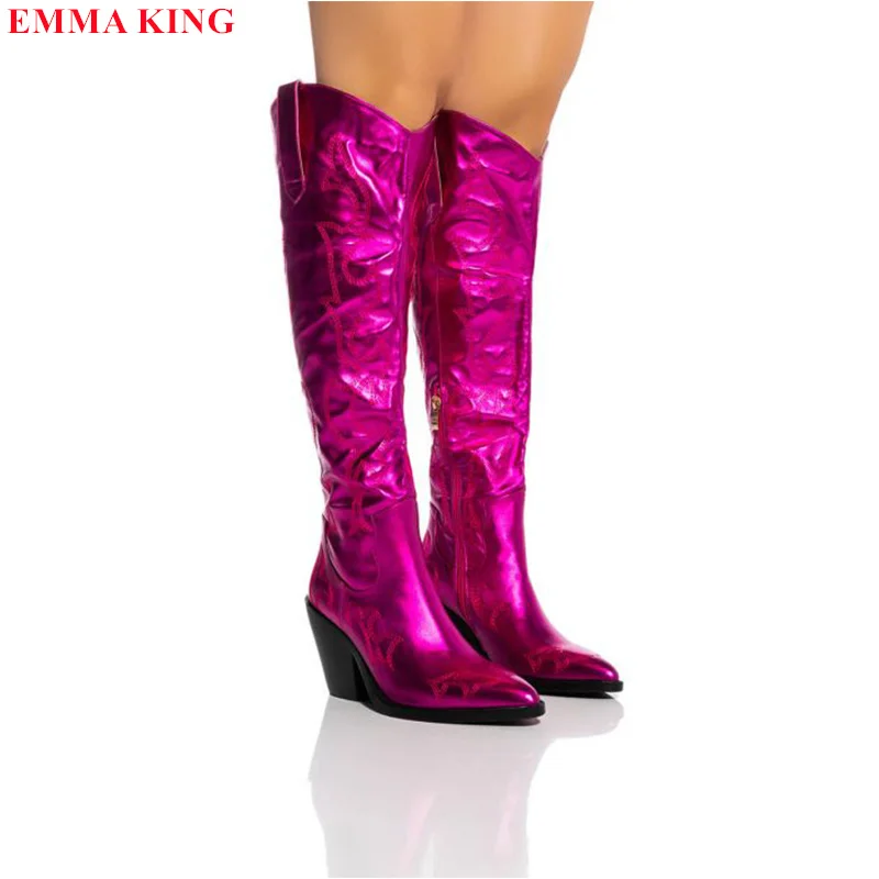 

Women Boots 2023 New High Heels Knee High Boots Winter Botas Mujer Fashion Designer Ladies Shoes Pointed Toe Cowboy Boots 2022