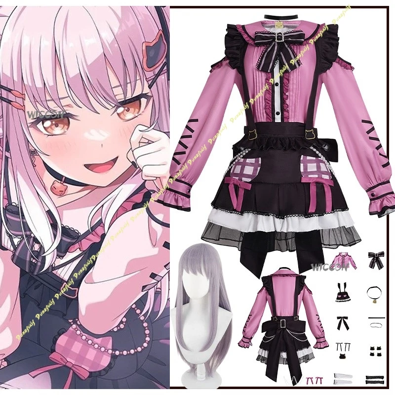 أزياء أنيمي الفتيات التأثيرية بانج دريم! فستان يوكينا ميناتو، مريلة وردية، إكسسوارات شعر مستعار، ملابس للحفلات اليومية، عيد الميلاد والهالوين