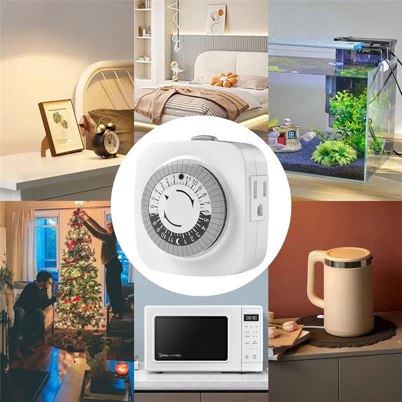 ตัวตั้งเวลาแบบกลไกในอาคาร ABKW ปลั๊กไฟ 3 ช่อง, ทำงาน 24 ชั่วโมง, วงจรเปิด/ปิดรายวัน 30 นาที สำหรับหลอดไฟ, ไฟต้นคริสต์มาส ปลั๊กแบบ US