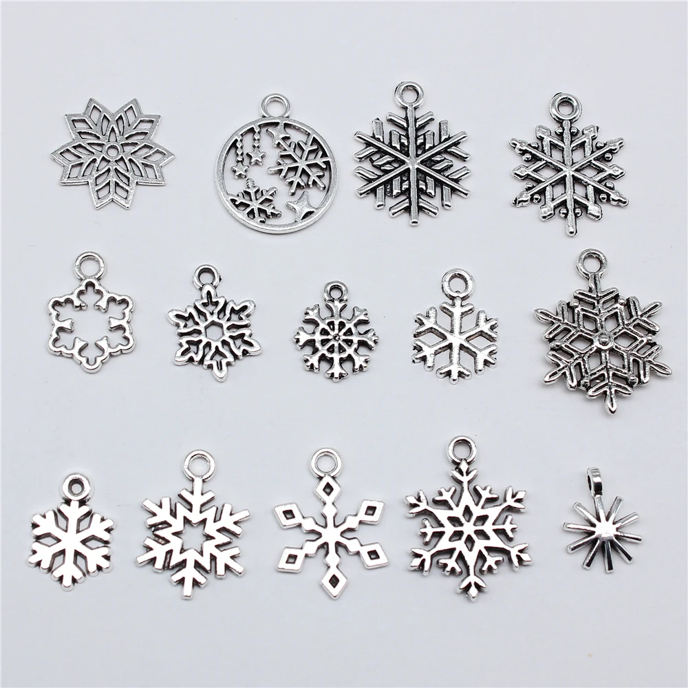 20pcs Metal Zinc Alloy Mix Sizes Snowflakes Charms Fit Jewelry Christmas Pendant Makings DIY Handmade Craft