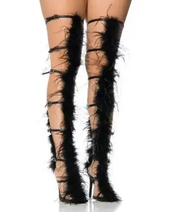 

Black Feather Fur Small Buckles Gladiator Pointed Toe 10 12 CM Thin Heels Over The Knee Boots Women Long Sandals Boots Shoes