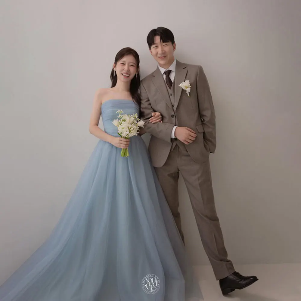 Fancy Simple Strapless Blue Wedding Dress A Line Soft Satin Korea Photo Shoot Bridal Gown Sleeveless Back Corset Customized
