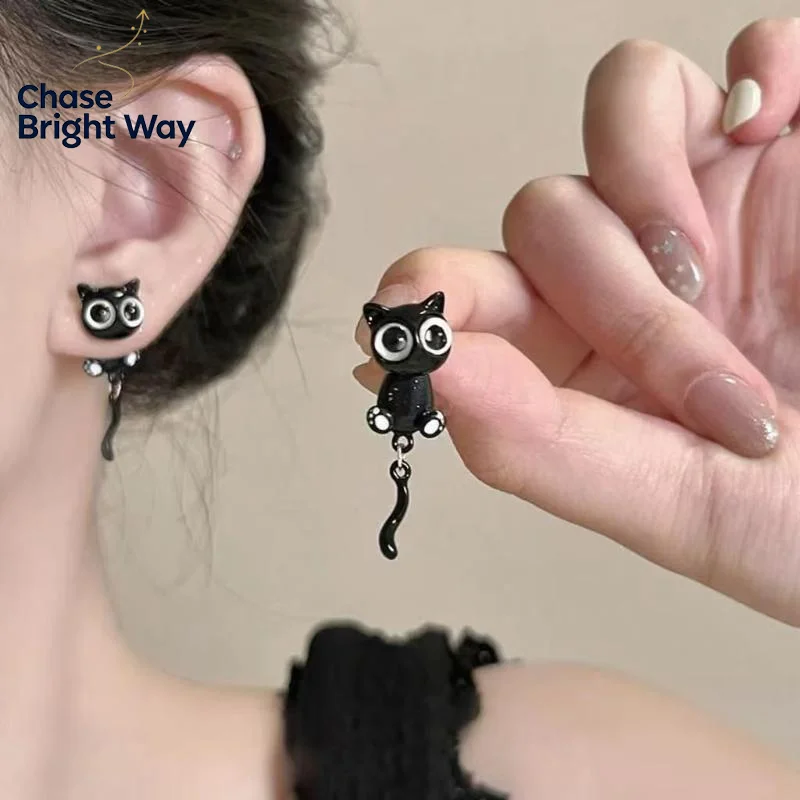 1 Pair Cartoon Cute Black Cat Dangle Earrings Big Eyes Swing Tail Fashion Jewelry for Cat Lovers Daily Wear