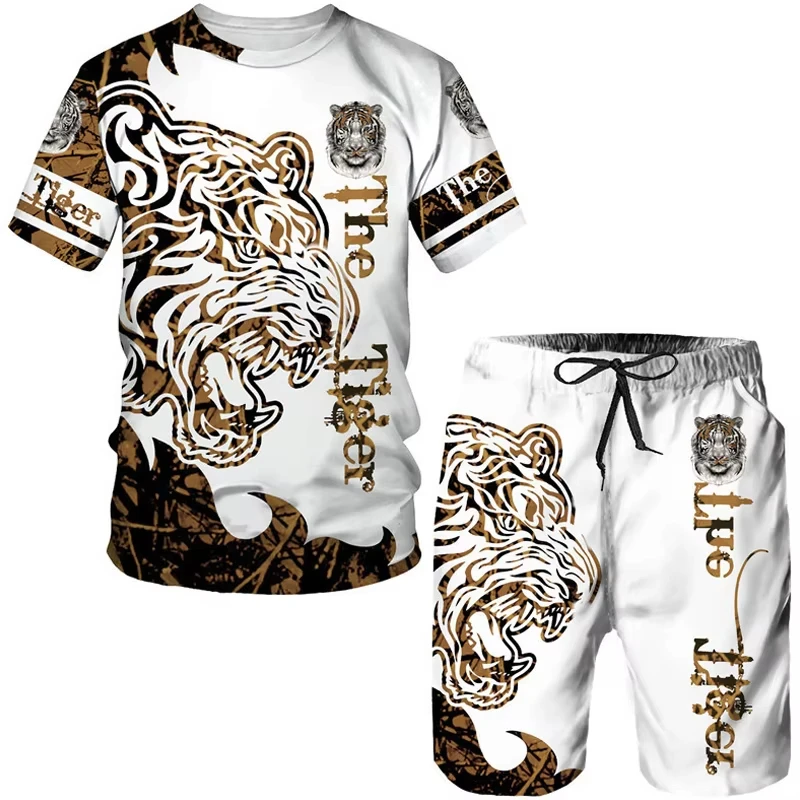 Zomer Trainingspak Set 3d Tijgerprint Heren T-Shirt Tweedelig Pak Oversized Casual Trendy Sportkleding Voor Mannen