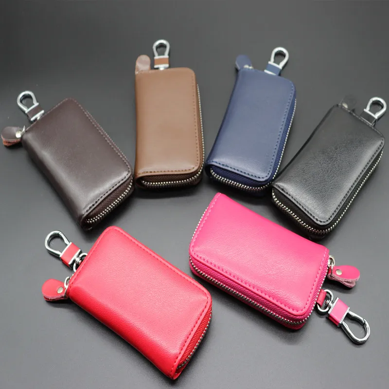 Cartera de cuero genuino para hombre y mujer, organizador de llaves, fundas multifunción con cremallera, bolso para llaves, tarjetero