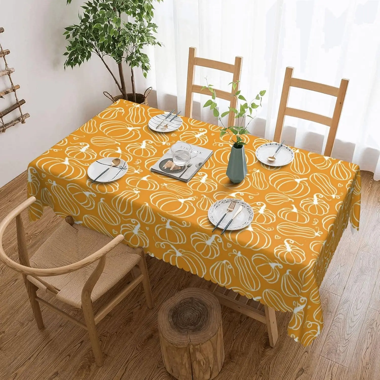 Yellow Pumpkin Fall Tablecloth Table Runner Seasonal Autumn Halloween Dining Decor Washable Party Table Cover