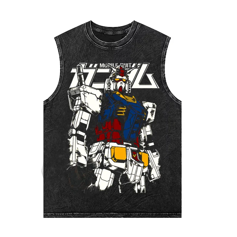 

Anime Gundam Men's Tank Tops Printed Summer Women's Gym T Shirts Oversized Vintage Washed Vest Man Sleeveless Shirt Y2k Clothes