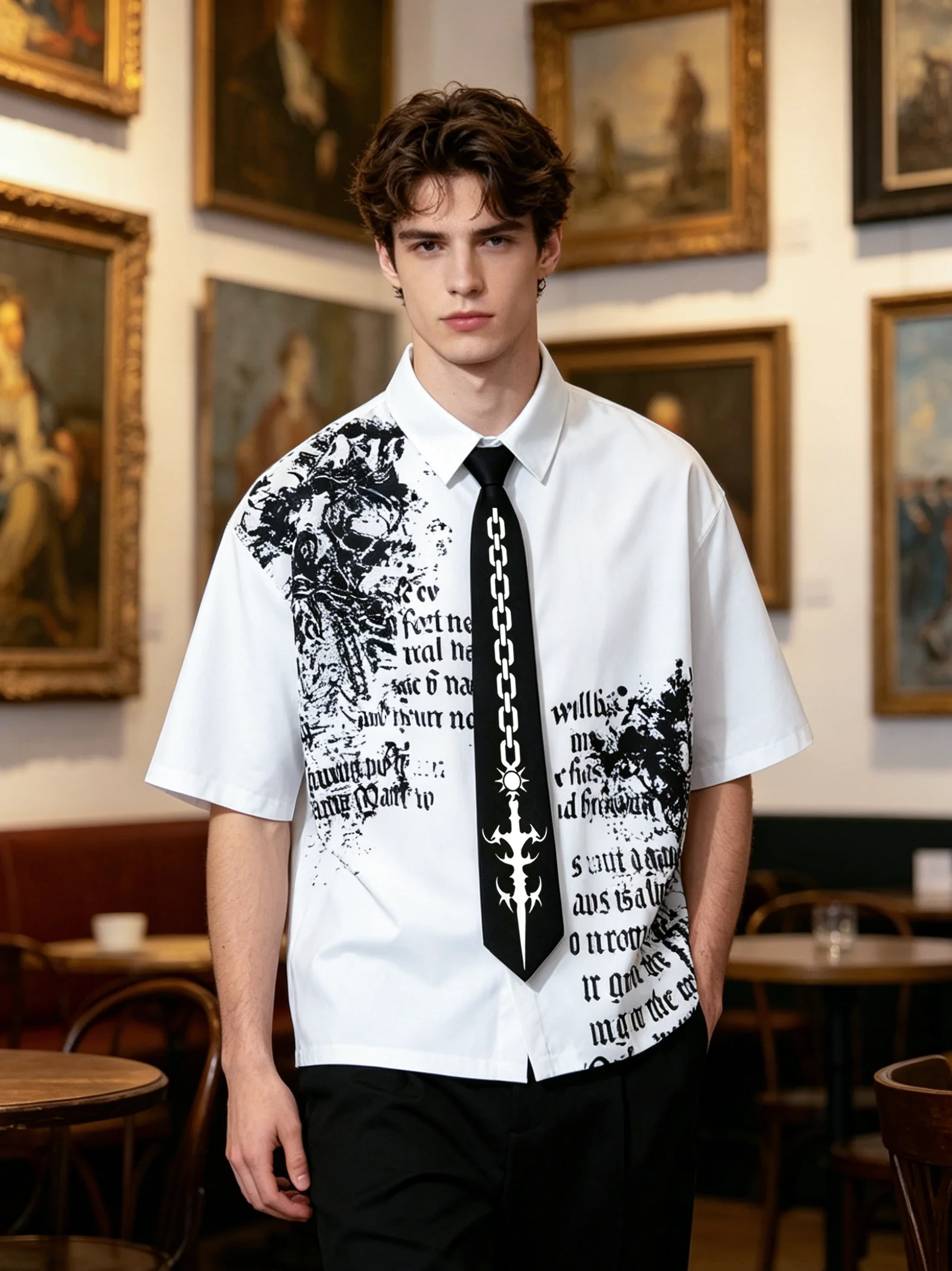 High Street Trendy Men's Retro British Ink Letter Print Collar Short Sleeved Shirt Casual Cardigan Top with Tie Style