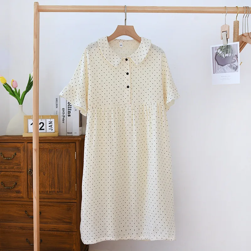 Women Short Sleeve Pajama Dress Summer Crepe Cotton Loose Skirt Loose Comfortable Turn-down Collar Nightgowns Sexy Sleepwear