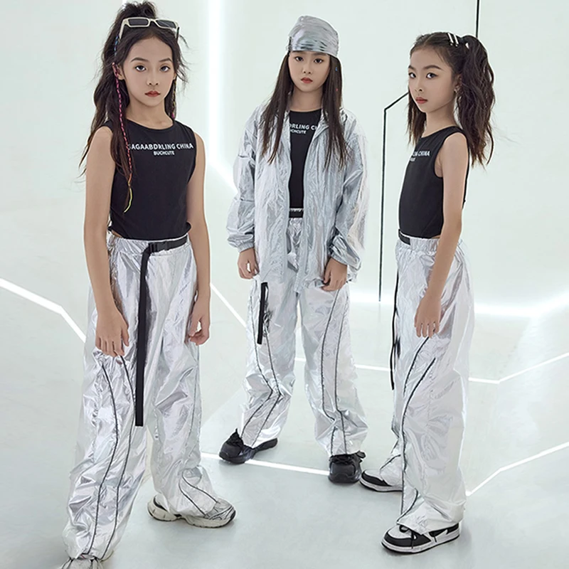 Summer Hip Hop Clothes Shows Suit Silver Jacket Pants Street Dancing Outfits Team Stage Costume Kids Jazz Dacne Wear New VDL1088