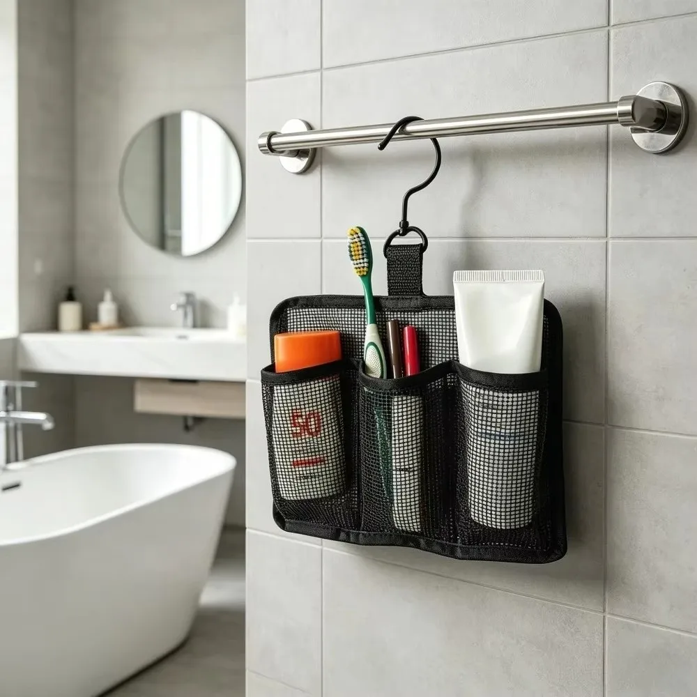 3 Compartment Hanging Toiletry Bag Mesh Fabric Lightweight Hanging Shower Storage Bag Swivel Hook Portable