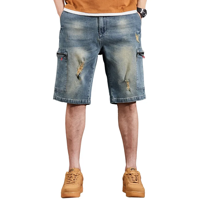 Summer Shorts Multi-pocket Denim Shorts Men's Short Pants Overalls Plus Size Loose Thin Hole Nostalgic Elastic Fabric Bottoms