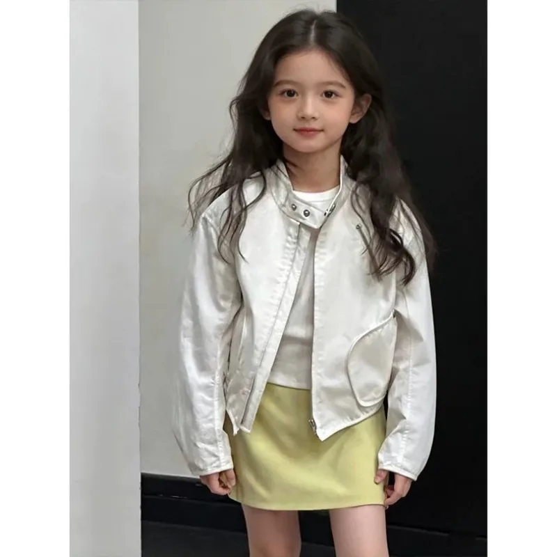 

Spring and Autumn Girls PU Jacket Fashion New Style Children's White Versatile Short Casual Leather Jacket