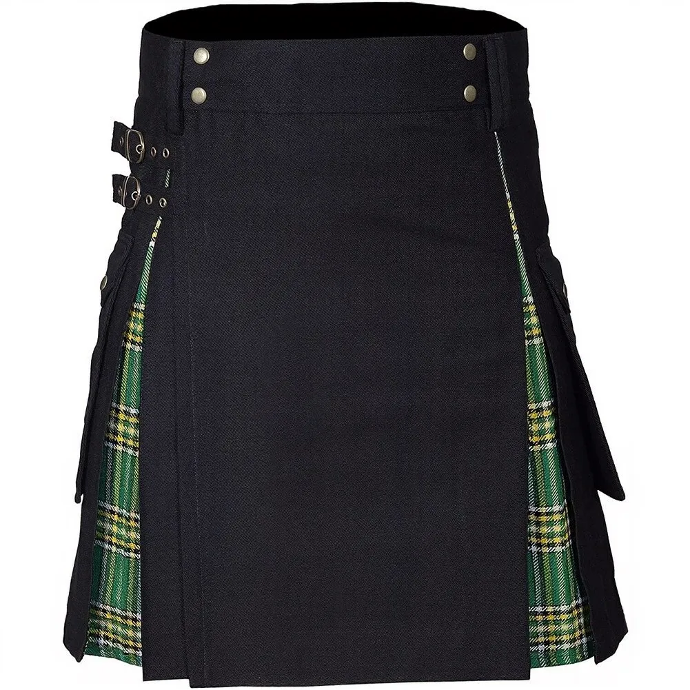 Vintage-Inspired Men's Scottish Kilt in Classic Plaid Pattern Pleated Cargo Skirt with Metal Belt Closure and Utility Pockets