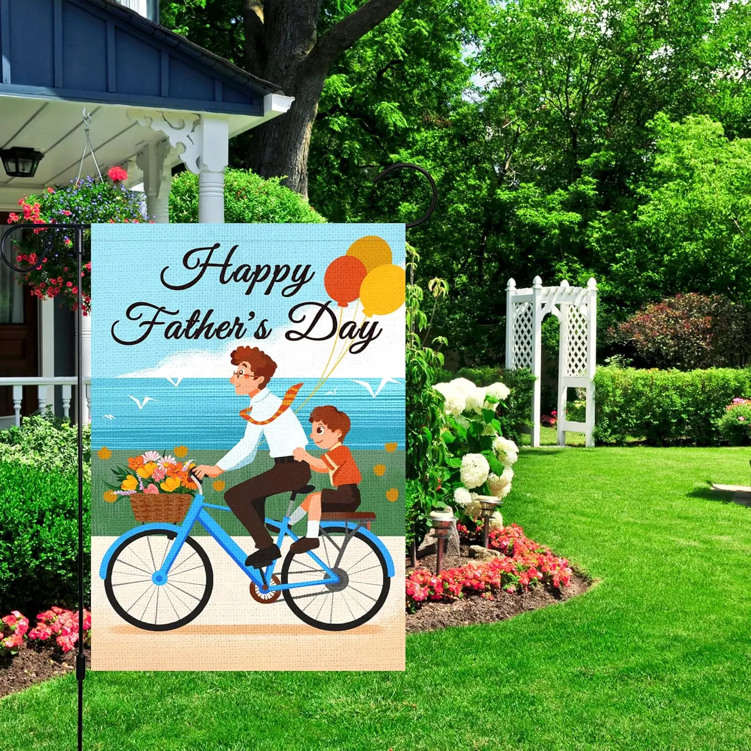 Happy Father's Day Garden Flag, Father Son Floral Bicycle Balloon 12 x 18 Inch Vertical Double Sided Burlap Welcome Flag, Ou