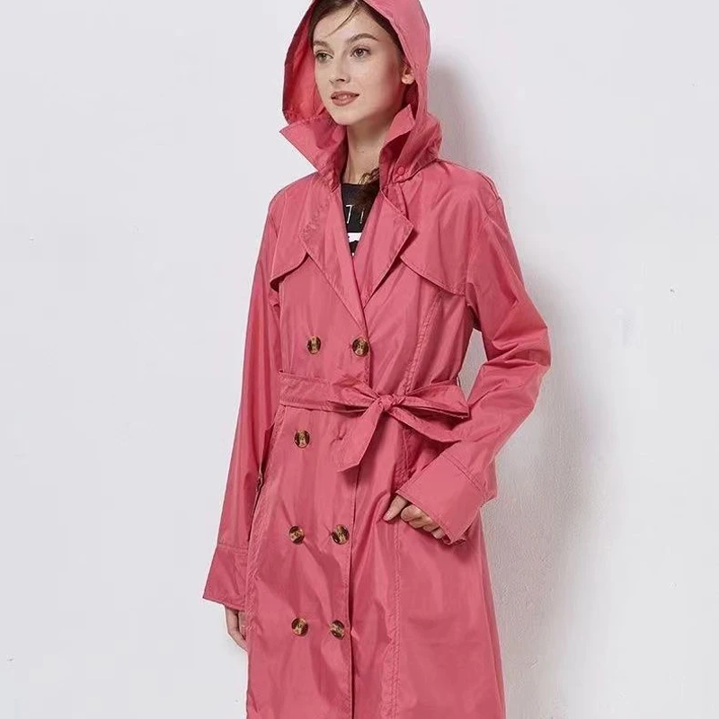 Fashion Women Thin Raincoat Poncho Ladies Waterproof Long Slim Raincoats Adults Outdoor Hiking  Windproof Rain Coat With Belt