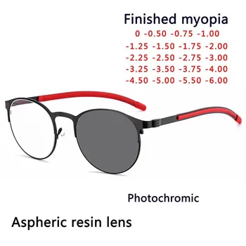Photochromism okulary Retro okrągła oprawa metalowa okulary z UV damskie dla osób z krótkowzrocznością