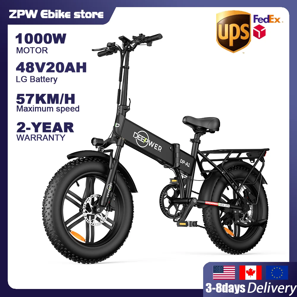 ZPW A1 20 inch Ebike 1000W 48V 20AH Off-road Adult Electric Bike Folding Mountain Snow Fat Tire Electric Bicycle