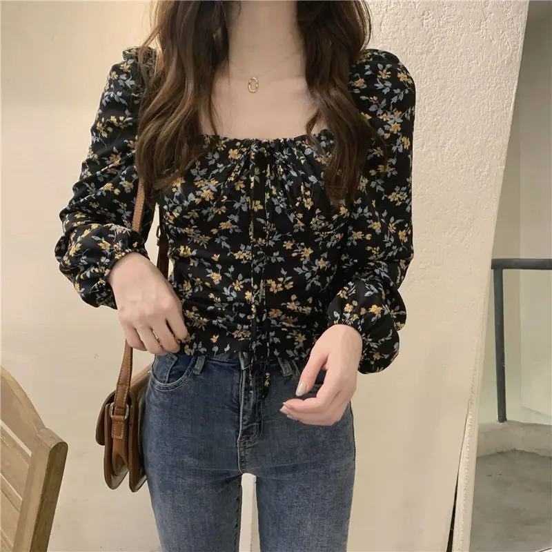 New Bubble Long Sleeve Super Fairy Short Large Size Unique Top Floral Shirt for Women