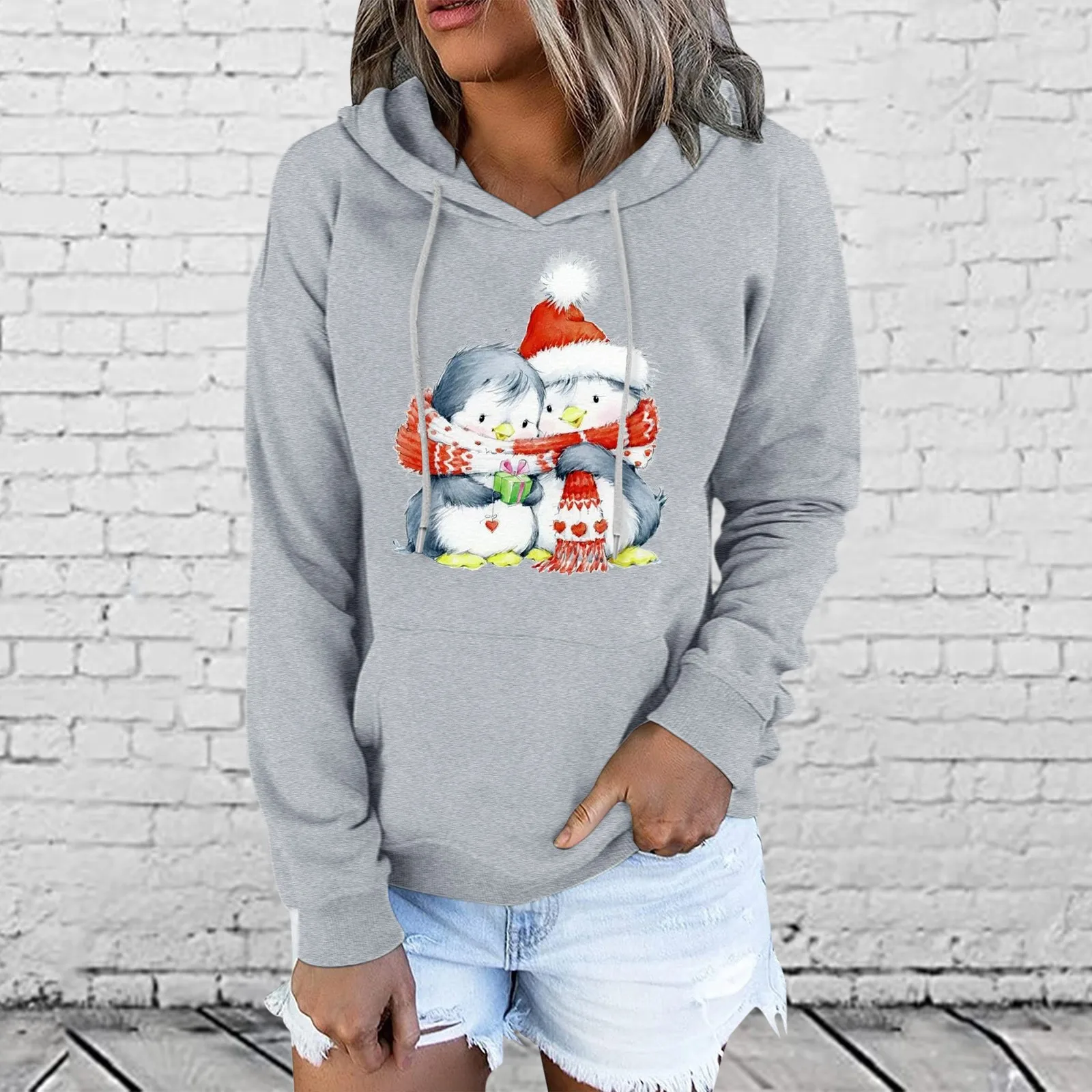 

Womens Long Sleeve Pullover Tops Women Long-Sleeves Hooded Christmas Letter Print Pocket Tether Top Sweatshirt Top Light