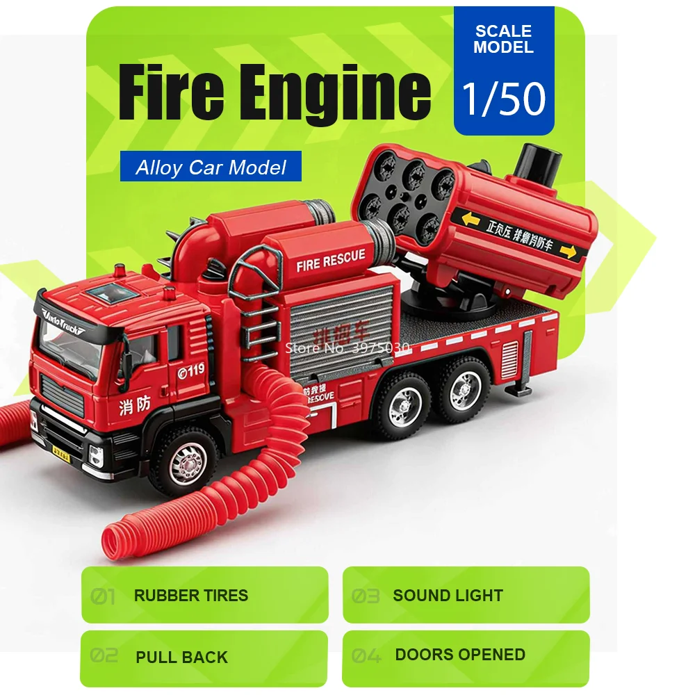 

1:50 Spray Fire Truck Miniature Alloy Diecast Model Car Toy with Sound Light Doors Opened Pull Back Vehice for Kid Birthday Gift