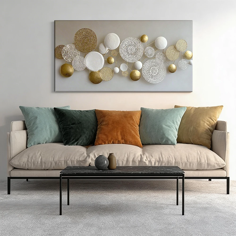

Large-sized solid wood frame canvas painting 1pc Wall-art decor, gold white circles.