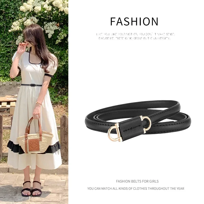 Fashionable and Versatile Leather Cowhide Decorative Belt Women's Adjustable Alloy Buckle Popular Perforated Thin Belt