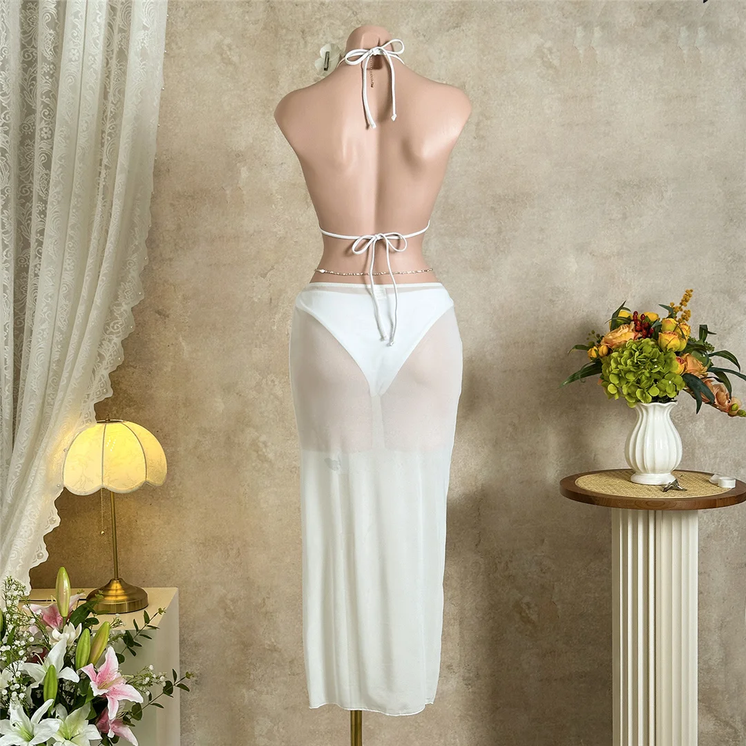 Mit Rock, Neckholder, Metallring, Bikini, Damen-Badeanzug, Damen-Bademode, dreiteiliges Bikini-Set, gepolsterter Badeanzug, Badebekleidung, Schwimmanzug V7812 – Detail 10