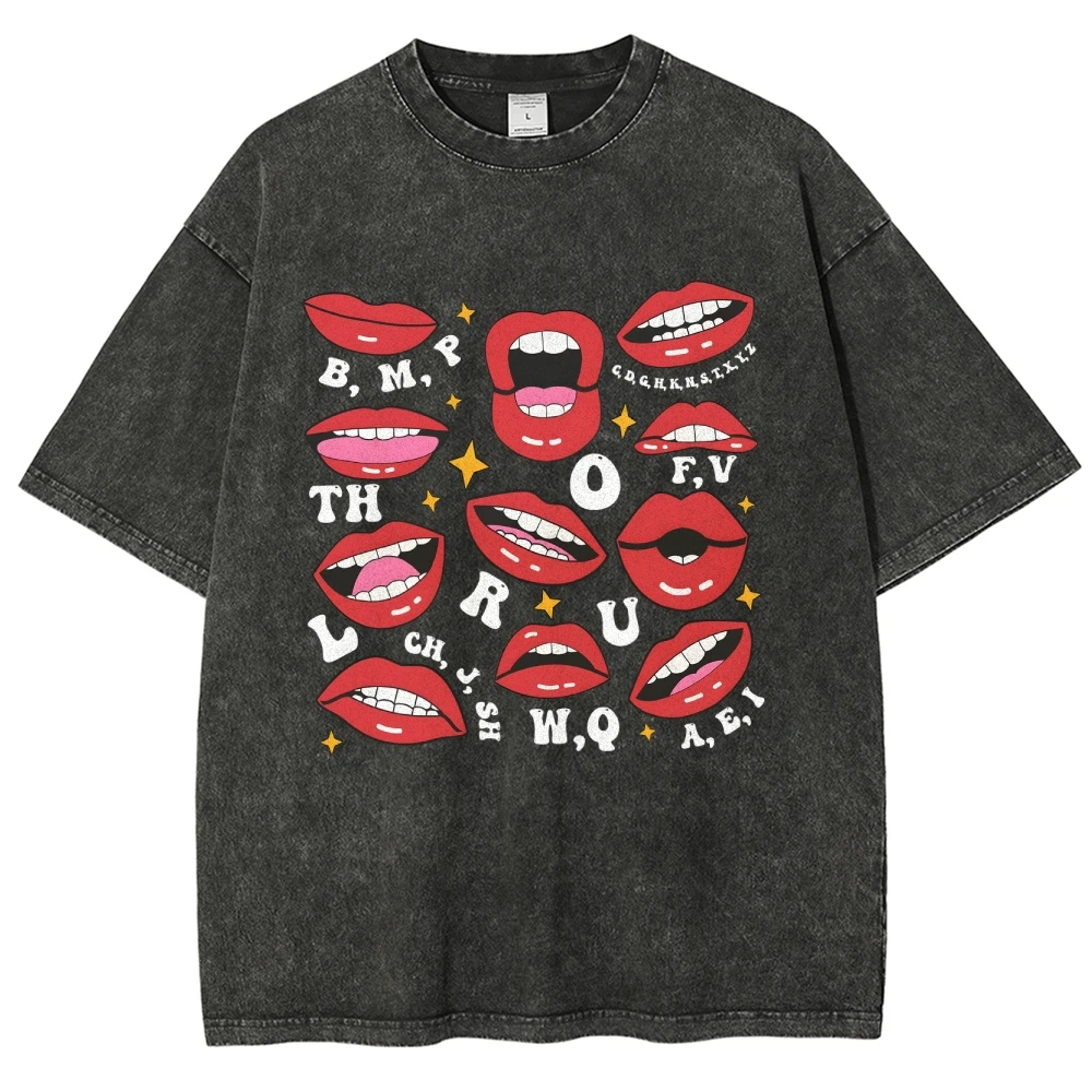 

Red Cartoon Lip Print Women's T-Shirt Loose Wash Oversized Unisex Crew Neck Short Sleeve Fashion Design Vintage Top Tee