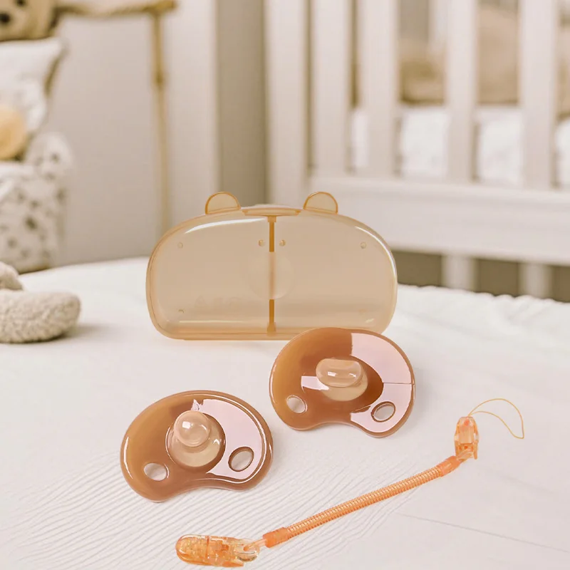 4pcs Baby Silicone Pacifier Set With Bear Storage Box Spring Pacifier Chain Flat and Round Nipple Head For day and night Use Set