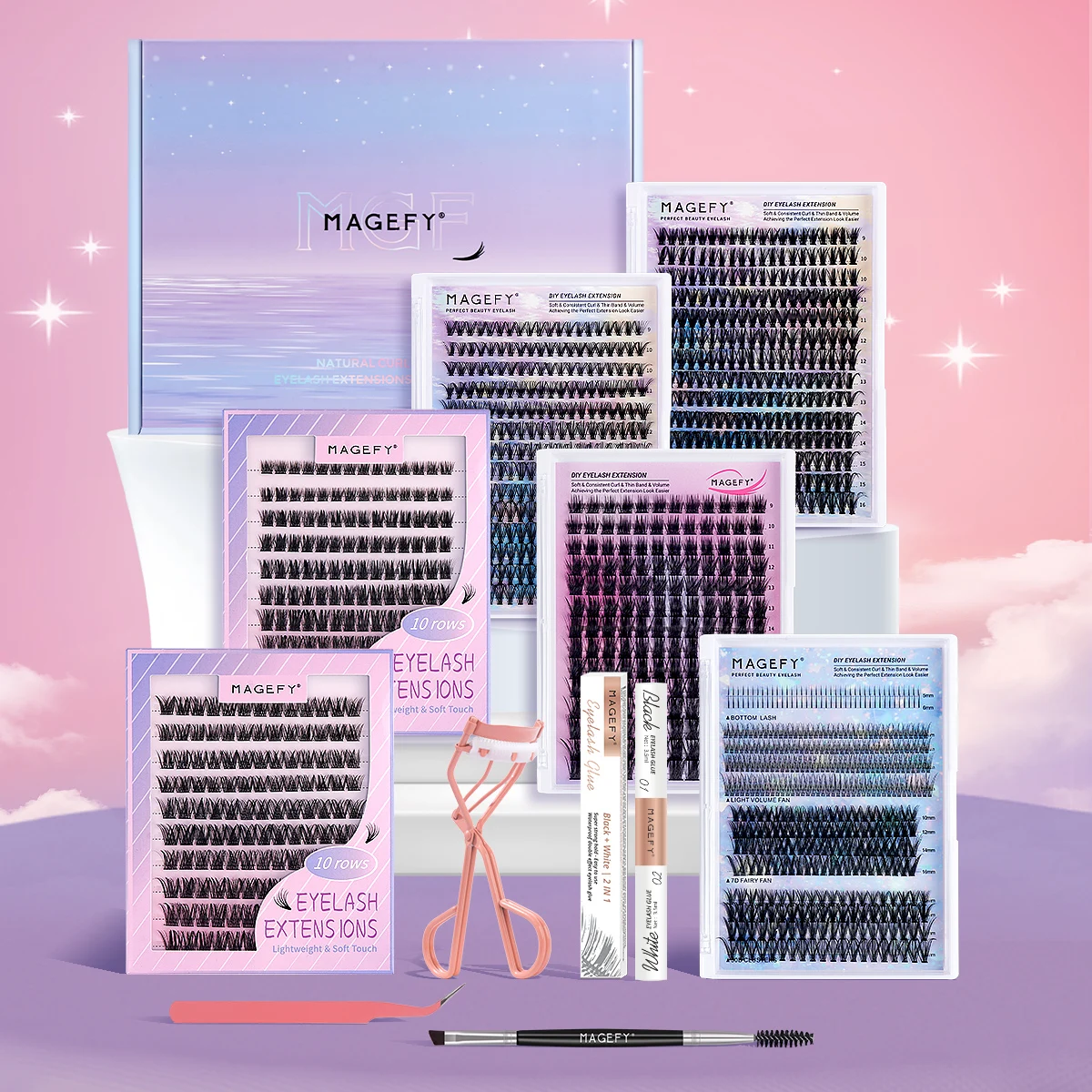 

MAGEFY Professional False Eyelash Set with 6 Boxes Cluster Lashes Eyelash Curler Tweezers Eyelash Brush Eyelash Glue for Girls