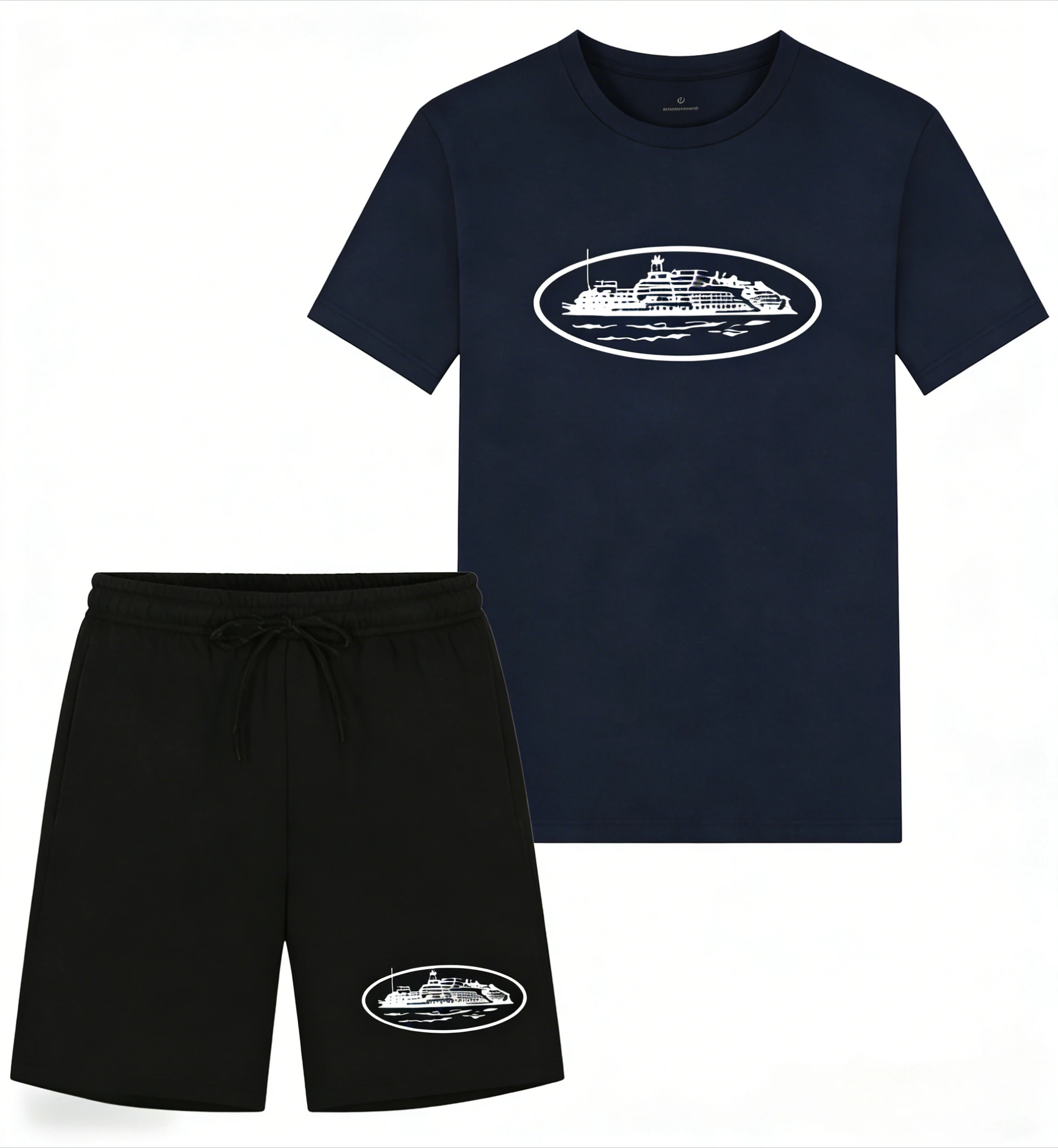2026 Summer New Small Boat Printed two-piece T-shirt and shorts Loose Round Neck Breathable Half Sleeve Casual Fashion Brand