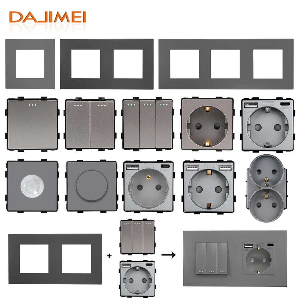

DAJIMEI, «сделай сам», французская и Европейская стандартная розетка USB Type-c, кнопочный переключатель с пластиковой рамкой, серого цвета, только детали для штор