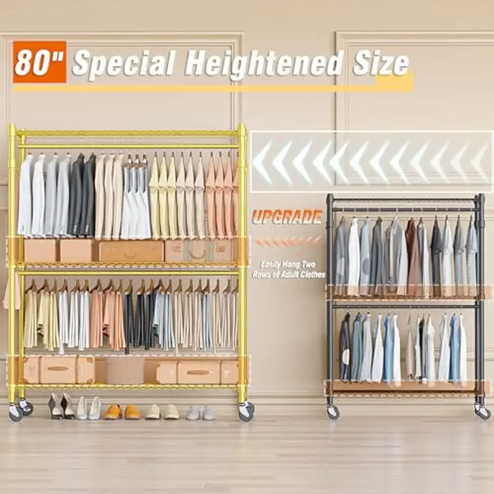 Adjustable 3-Tier Rolling Garment Rack Heavy Duty Portable Closet Wardrobe Sturdy Carbon Steel Construction 47.24