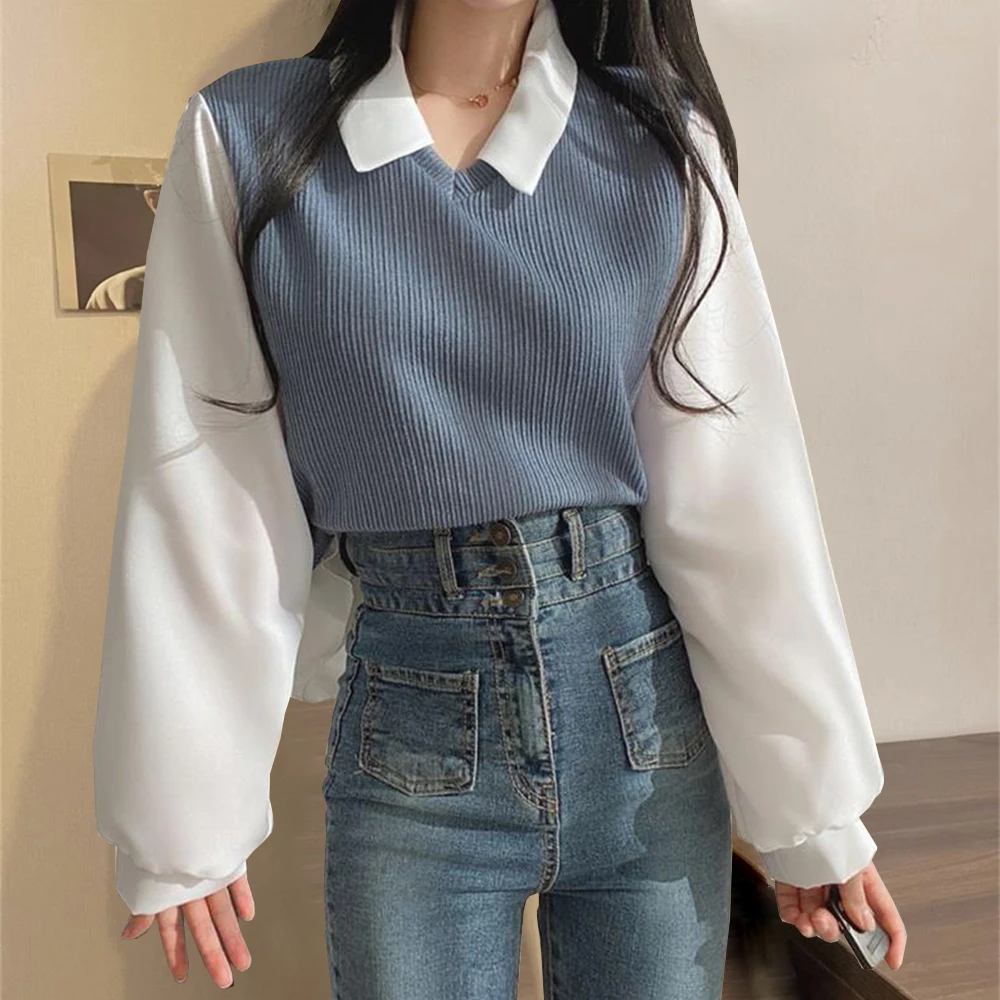 Women Elegant Y2K Polo Collar Flase Two-Piece Blouse Summer Fashion Long Sleeve Vintage Pullover Tops Casual Holiday Chic Top