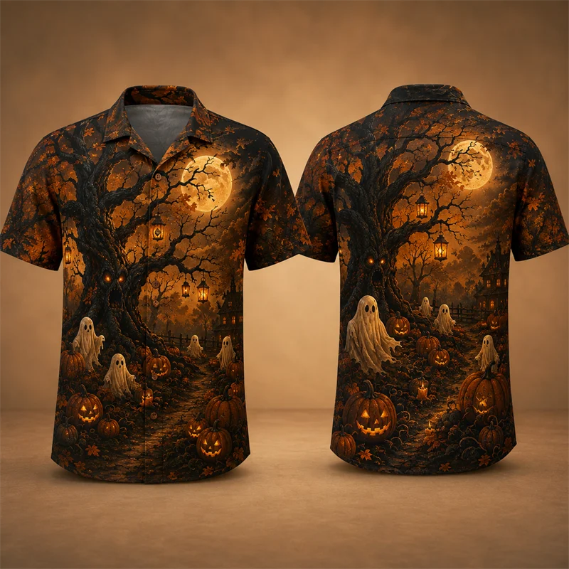 Trendy Pumpkin Ghost Graphic Halloween Shirts For Men Fashion Summer Short Sleeve 3D Printed Blouses Loose Streetwear Tops