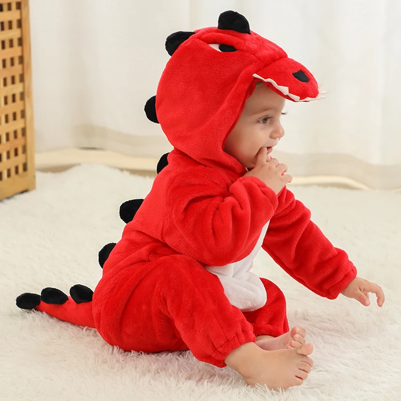 Newborn Baby Boys Rompers Red Dinosaur Halloween Cosplay Costume Winter Warm Flannel Baby Onesies Kids Overalls Girls Clothes