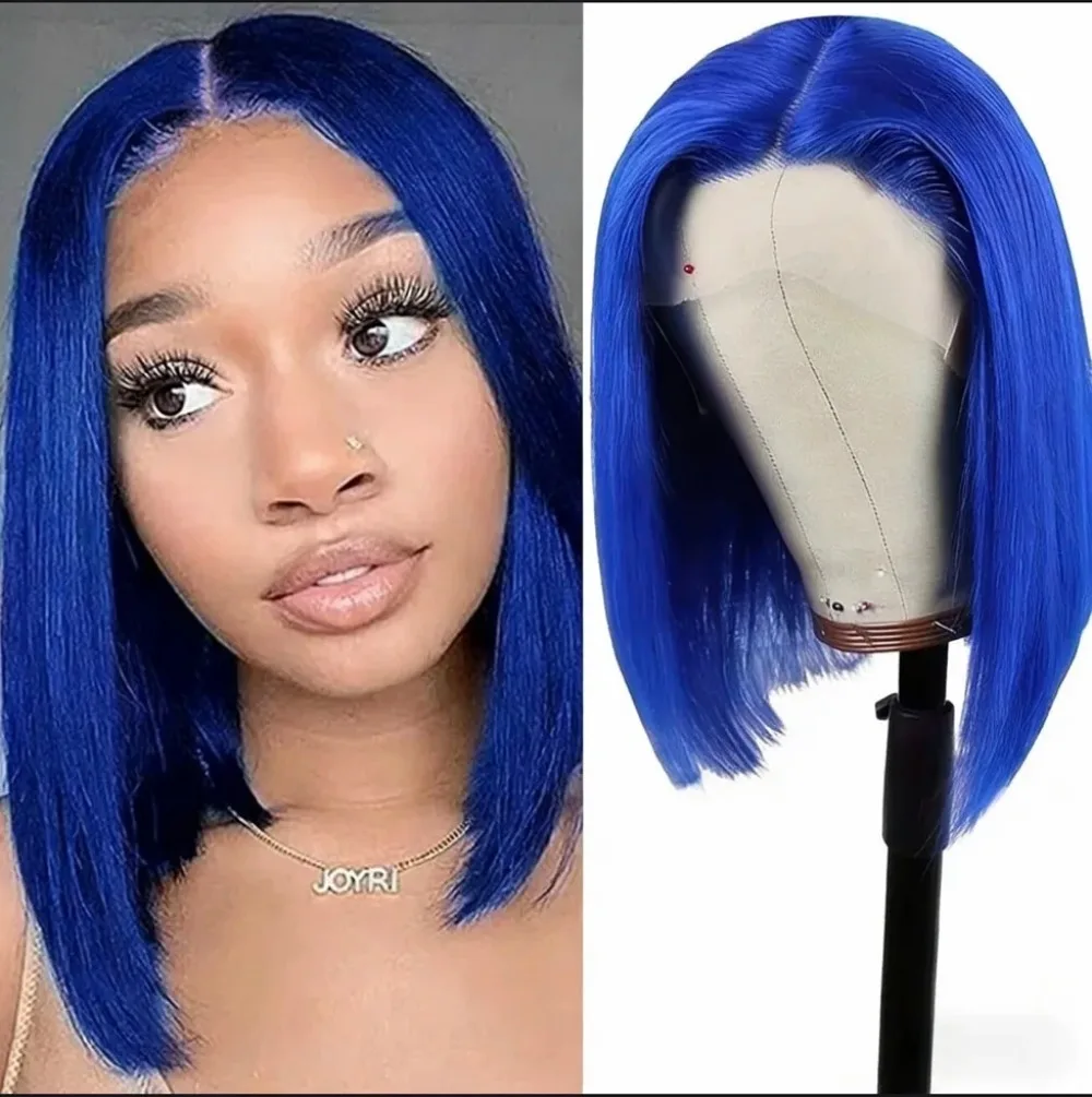 

13X4 Straight Glueless Blue Bob Wig HD Transparent Lace Front Wigs With Baby Hair Natural Hairline Short For Women Pre Plucked