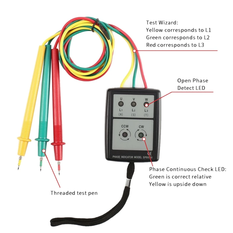 Three Phase Indicator 200V-600V AC Rotation Tester Digital LED Buzzer Sequence Detector Voltage Meter Electrician Tool