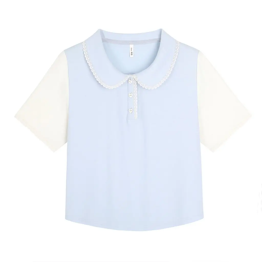 

Женская футболка больших размеров в корейском стиле с кукольным воротником и контрастным кружевом, свободный утягивающий летний топ с короткими рукавами 65233