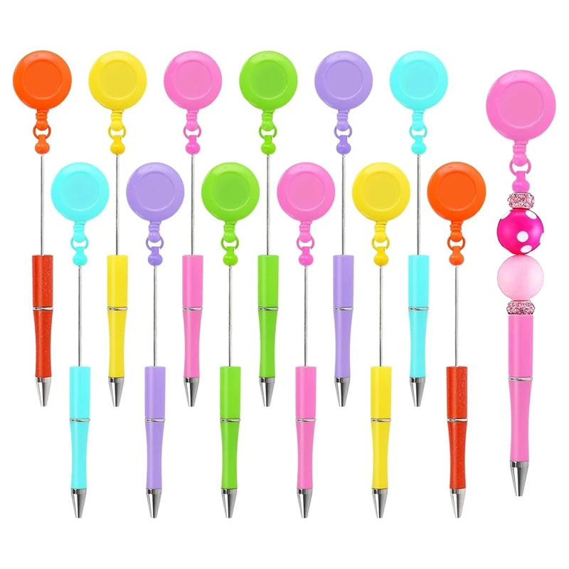 NEW-12Pcs Beadable Pen Badge Reel Clip Pull Bead Ballpoint Pen 6 Colors Beaded Writing Pen For DIY Craft Office Supplies