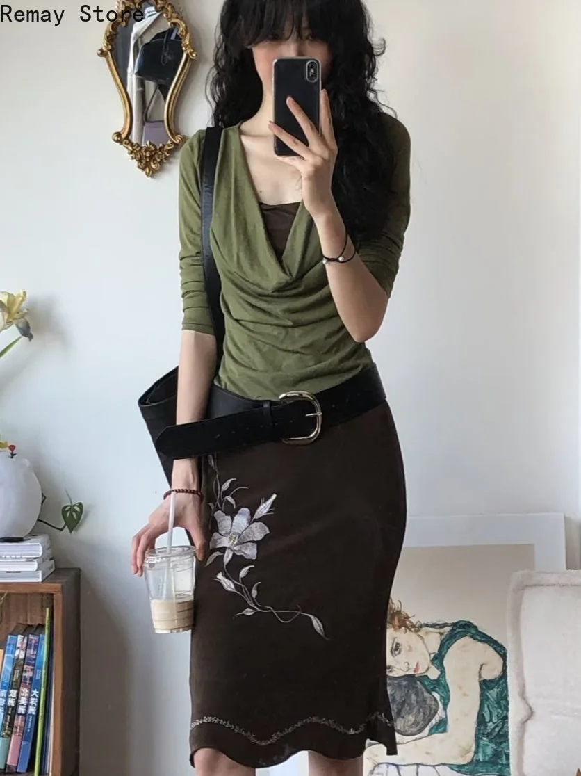 Ensemble 2 pièces Harajuku élégant et français pour femme, pull patchwork + jupe brodée, tenue de fête vintage américaine, tenues Y2k pour les vacances 2026