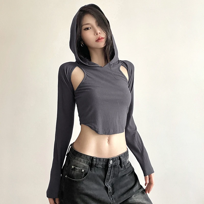 Hot Girl Waste Soil Style Sexy Hooded T-shirt Women's Hollow-out Slim Design Short Style Exposed Navel Long Sleeve  Trendy Tops