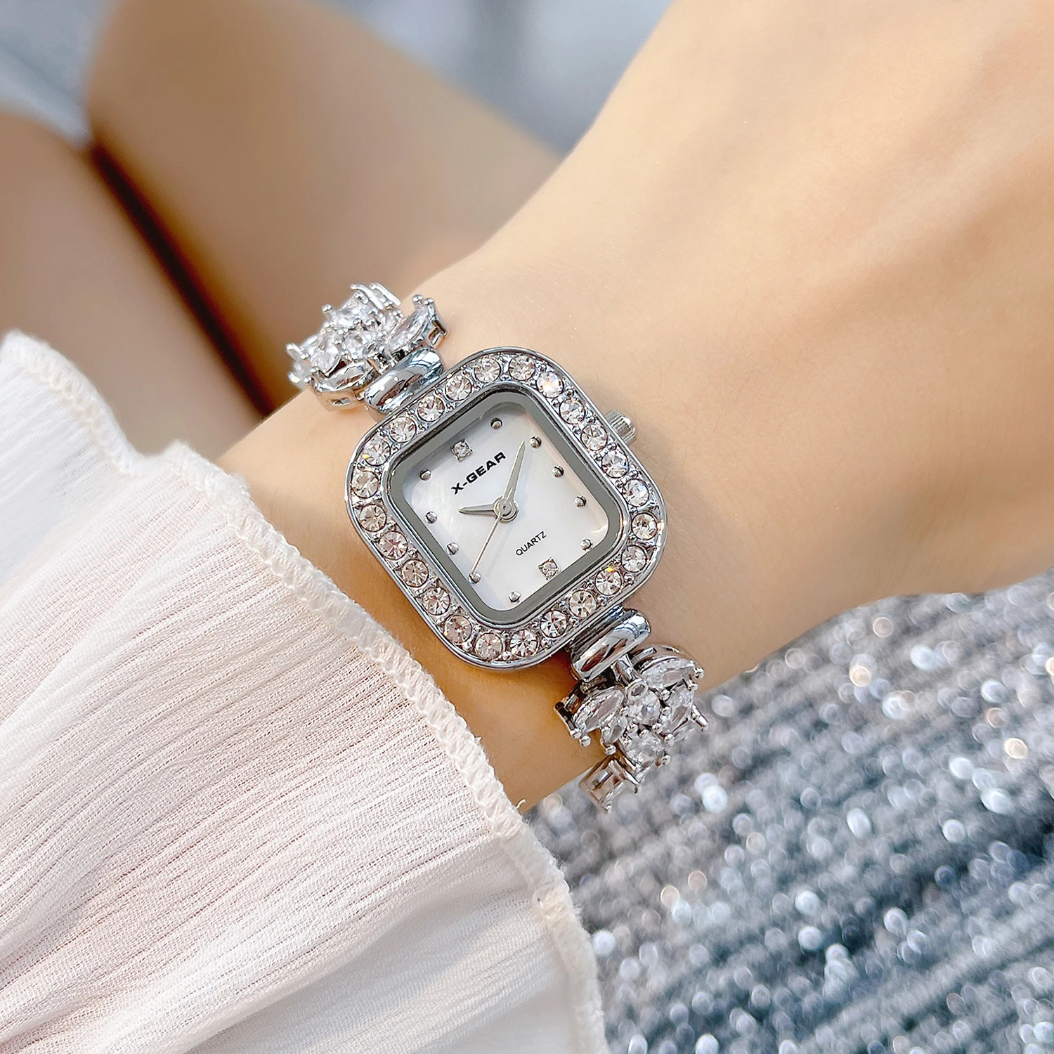 X-GEAR Women's Quartz Watch - Crystal-Embedded Steel Bracelet, Designer Square Wristwatch