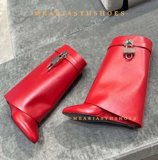 

BuonoScarpe Shark Lock Women Wedge Rain Boots Black Fold Knee High Heel Boots Pointed Toe Long Boots Female Wedges Heel Botas