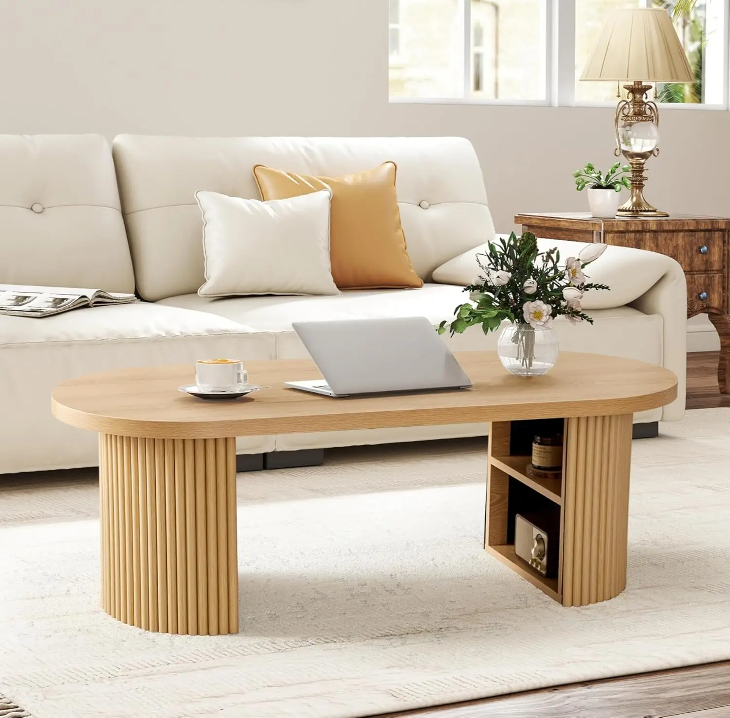 

Fluted Coffee Table, 47 Farmhouse Wood Coffee Table Mid Century Modern Center Table Boho Living Room Tables for Living Room