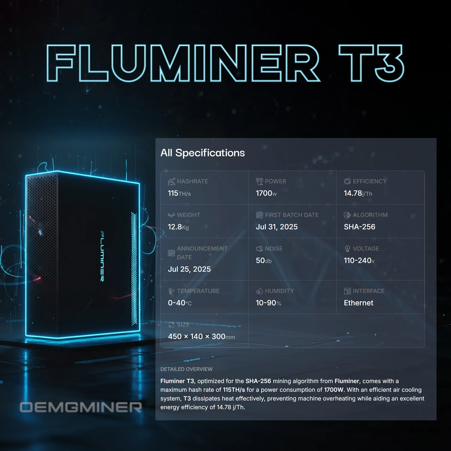 New Fluminer T3 105TH/s Bitcoin Miner 1700W Crypto ASIC Miner Quiet Home BTC Mining With PSU BTC Miner 110-240V Support