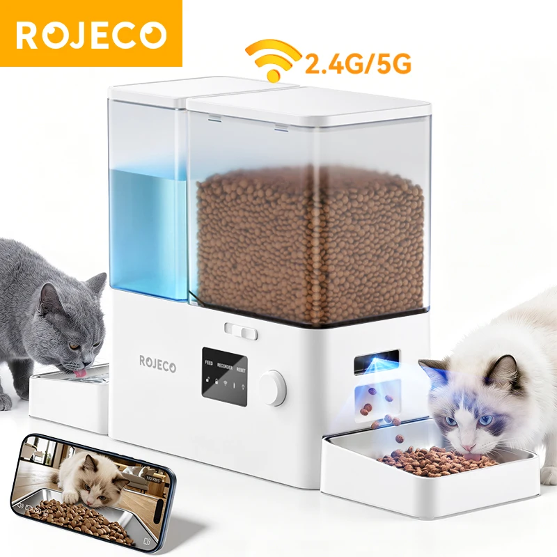 ROJECO 8.5L 2In1 with Camera Automatic Pet Feeder Gravity Water Fountain Button 5L Cat Kibble Dispenser with 3.5L Water Refill